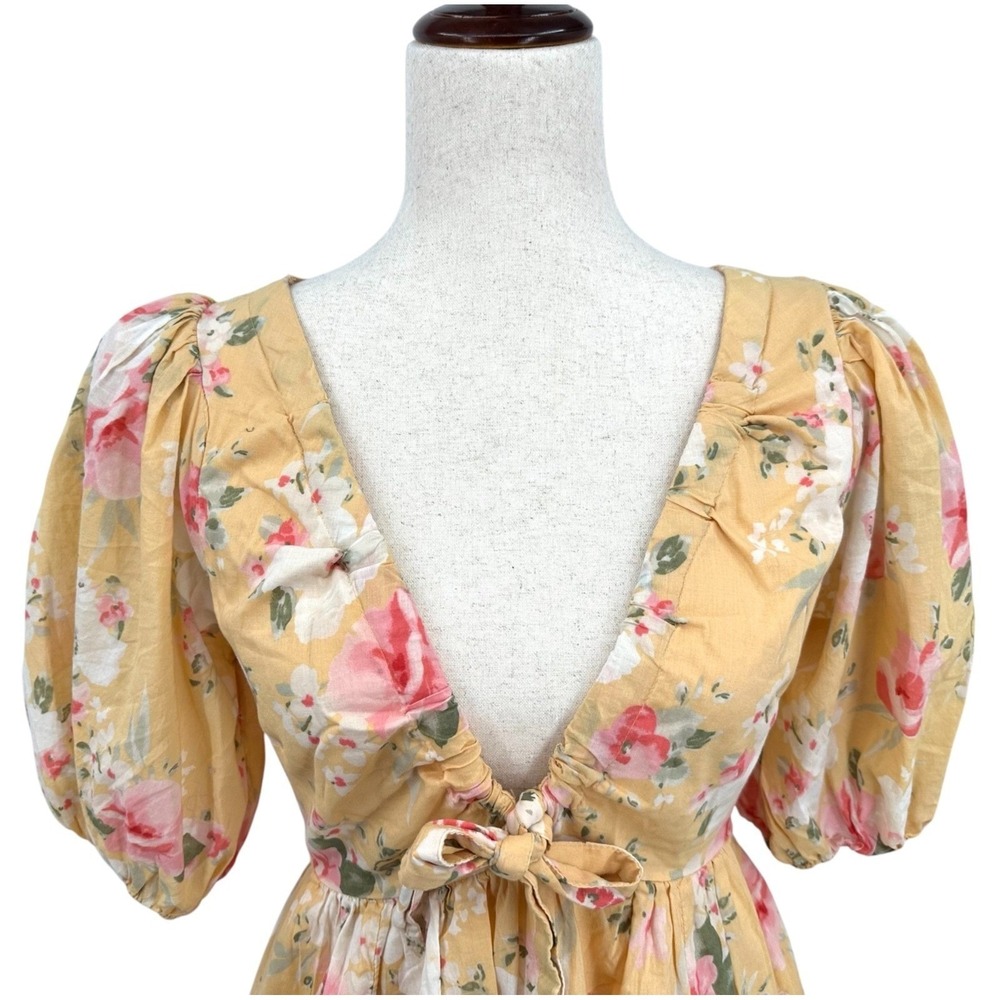 Abercrombie & Fitch Babydoll Dress Yellow Floral Puff Sleeves V-Neck Size Small - Picture 9 of 11